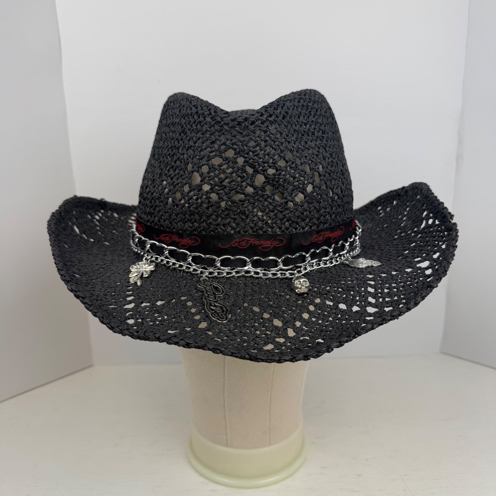 Ed Hardy Black Straw Cowboy Hat Silver Chain Metal Charms Skull Tiger Logo NWT